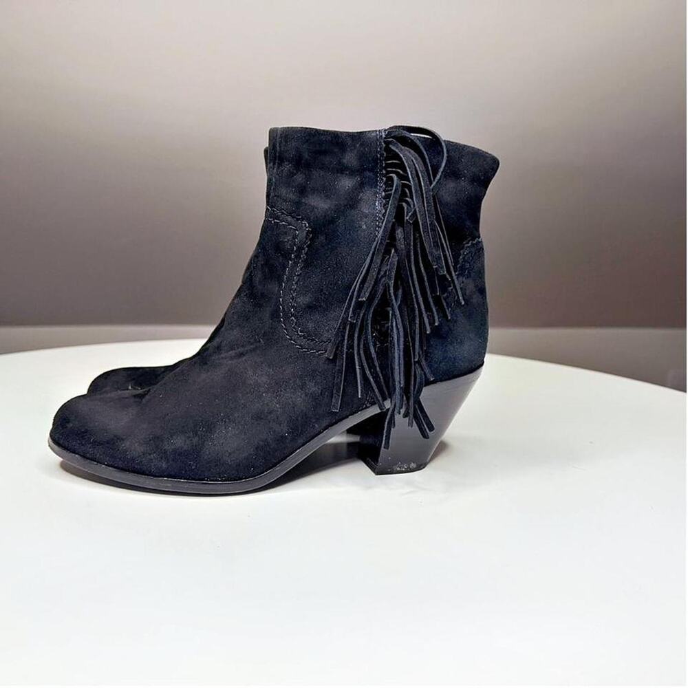 Sam Edelman Black Suede Fringe Ankle Boots Western Boho Festival Side Zip Sz 9